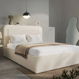[Double | Beige] Curved headboard ottoman bed in contemporary room with neutral bedding and decorative cushions