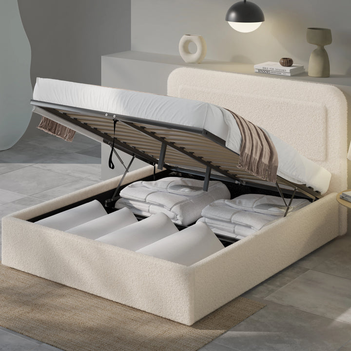 [Double | Beige] Beige boucle ottoman bed double size opened on twin gas struts, full-length storage compartment