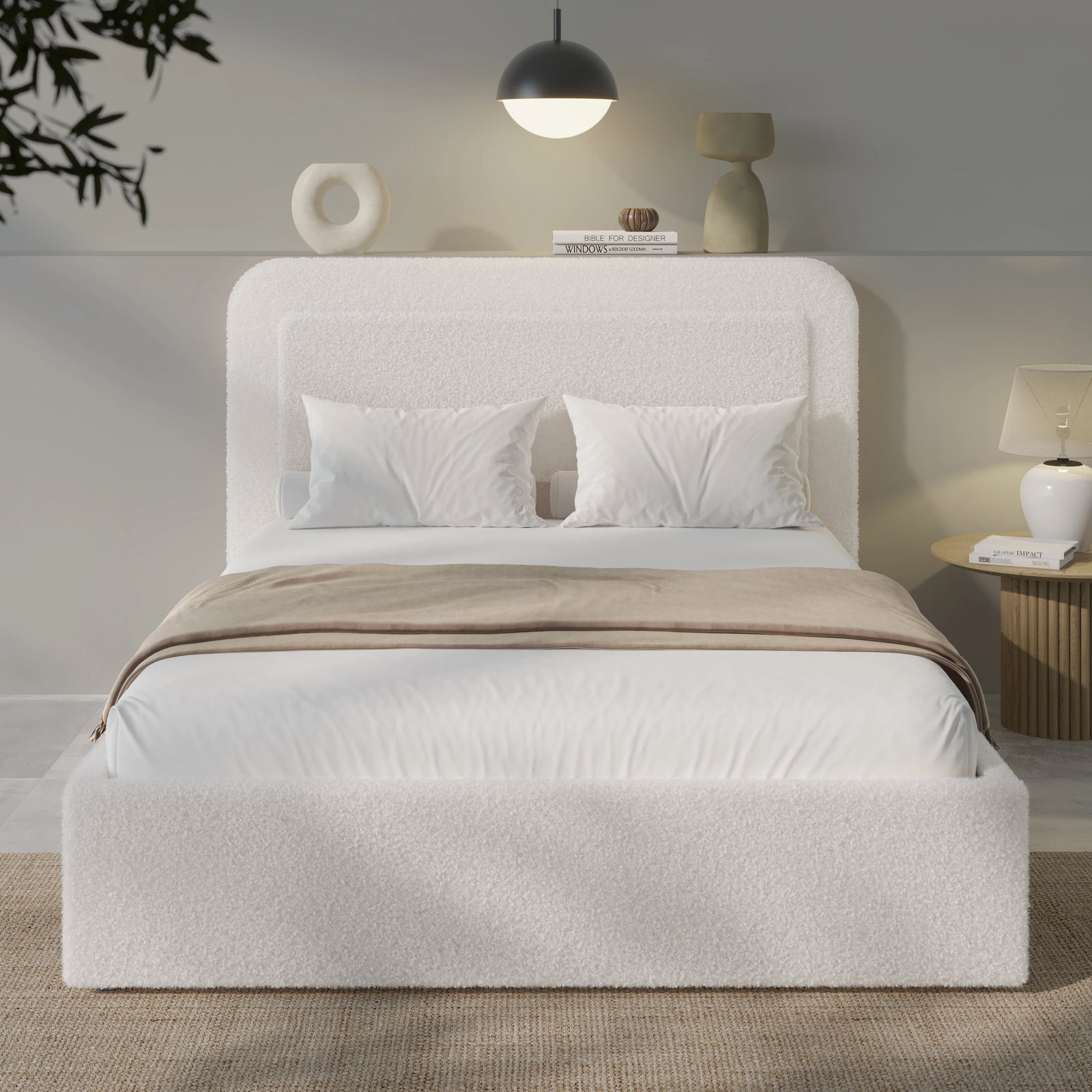 [Double | White] Curved headboard ottoman bed with textured boucle fabric and white bedding in styled setting