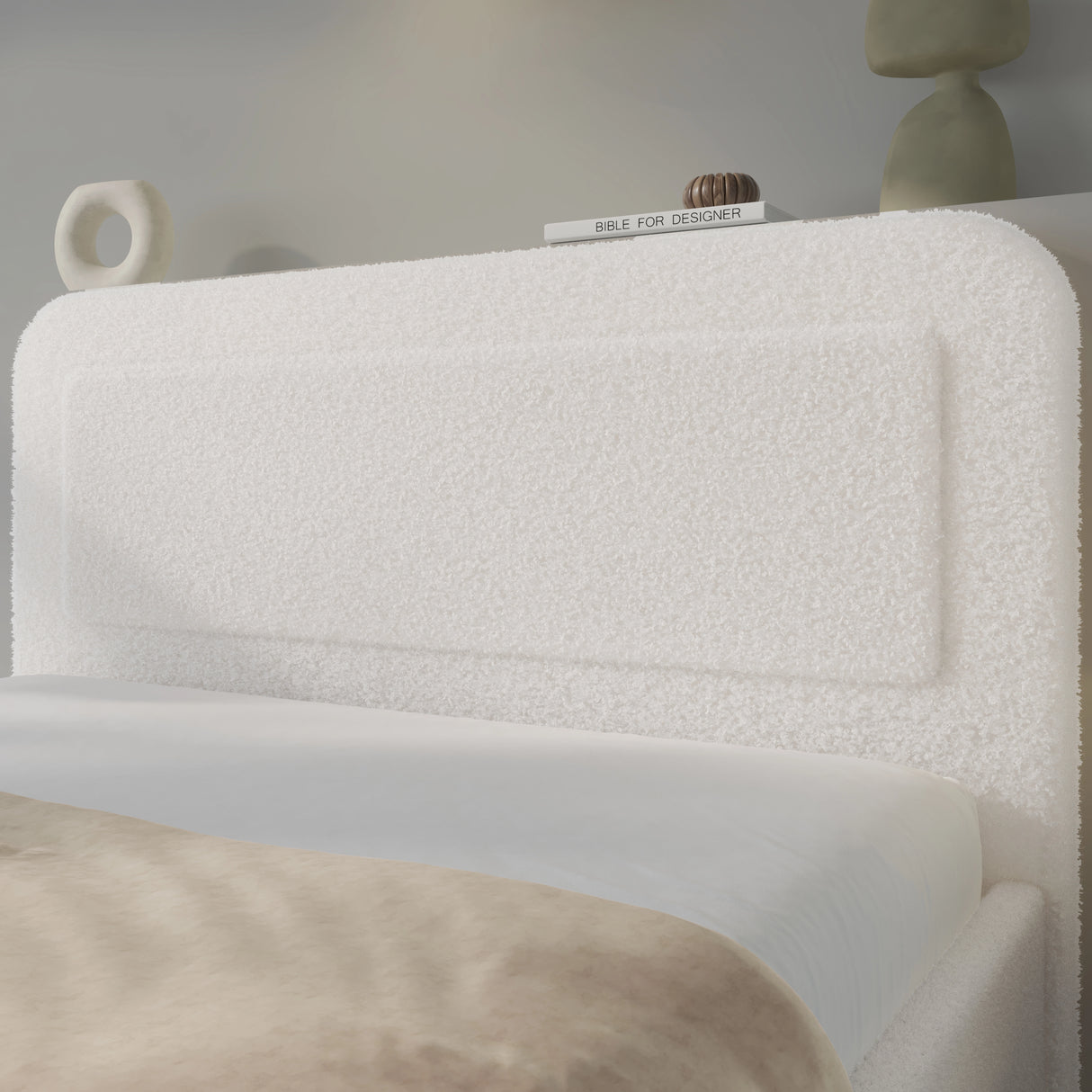 [Double | White] Close-up of rounded headboard showing soft boucle fabric texture with curved pill-shaped profile