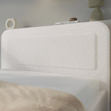 [Double | White] Close-up of rounded headboard showing soft boucle fabric texture with curved pill-shaped profile