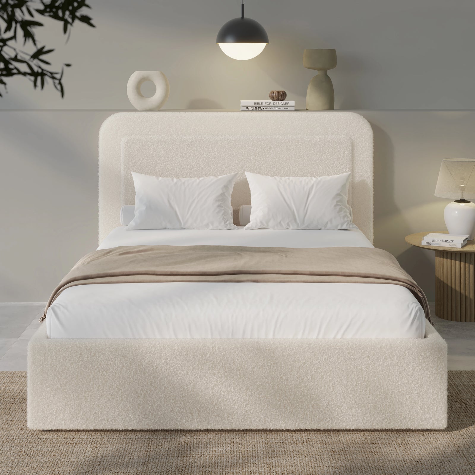 [King | Beige] Beige king boucle ottoman bed head-on, pill-shaped headboard and cream-toned linen spread