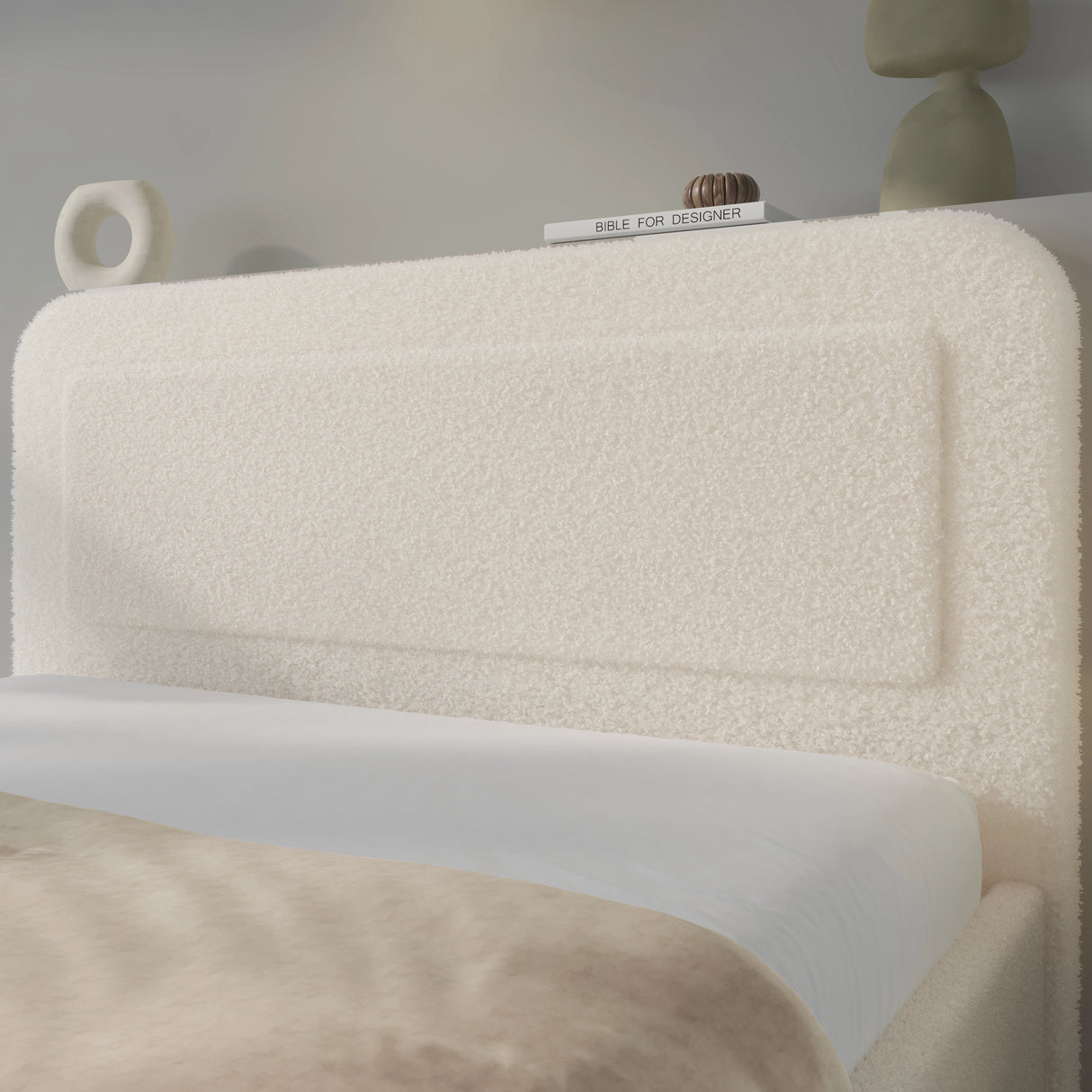 [King | Beige] Rounded headboard profile showing plush padded surface in textured boucle weave