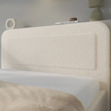 [King | Beige] Rounded headboard profile showing plush padded surface in textured boucle weave