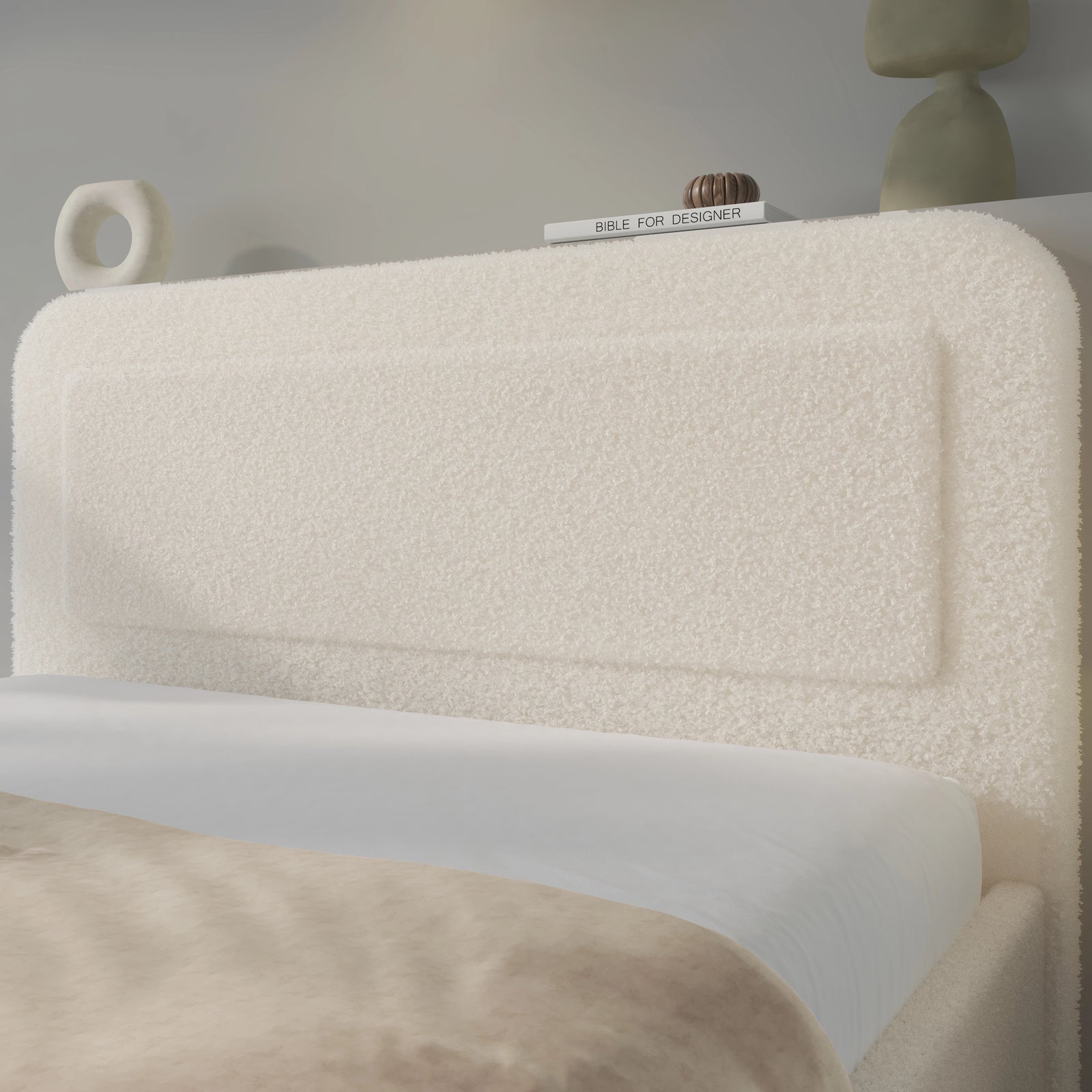 [King | Beige] King beige boucle ottoman bed headboard profile, 156 cm wide pill in textured beige boucle