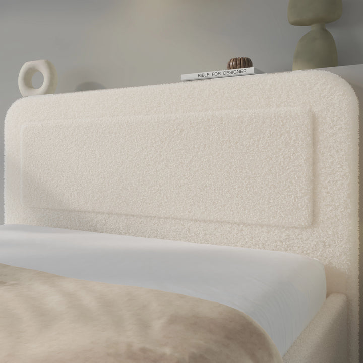 [King | Beige] King beige boucle ottoman bed headboard profile, 156 cm wide pill in textured beige boucle