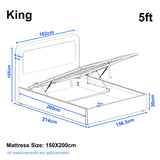 [King | White] Dimensions diagram showing 156.5cm width and 214cm length with 105cm headboard height