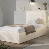 [Single | Beige] Ottoman bed from the front showing rounded headboard and low platform base with decorative throw