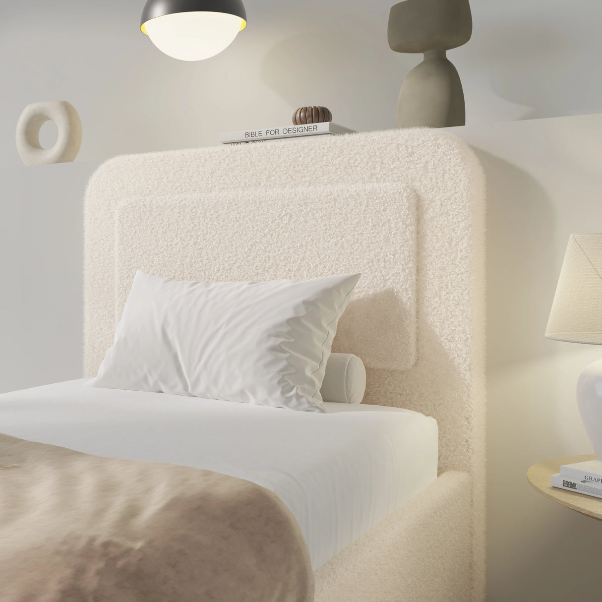 [Single | Beige] Rounded headboard profile showing plush padded surface in textured boucle weave