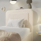 [Single | Beige] Rounded headboard profile showing plush padded surface in textured boucle weave