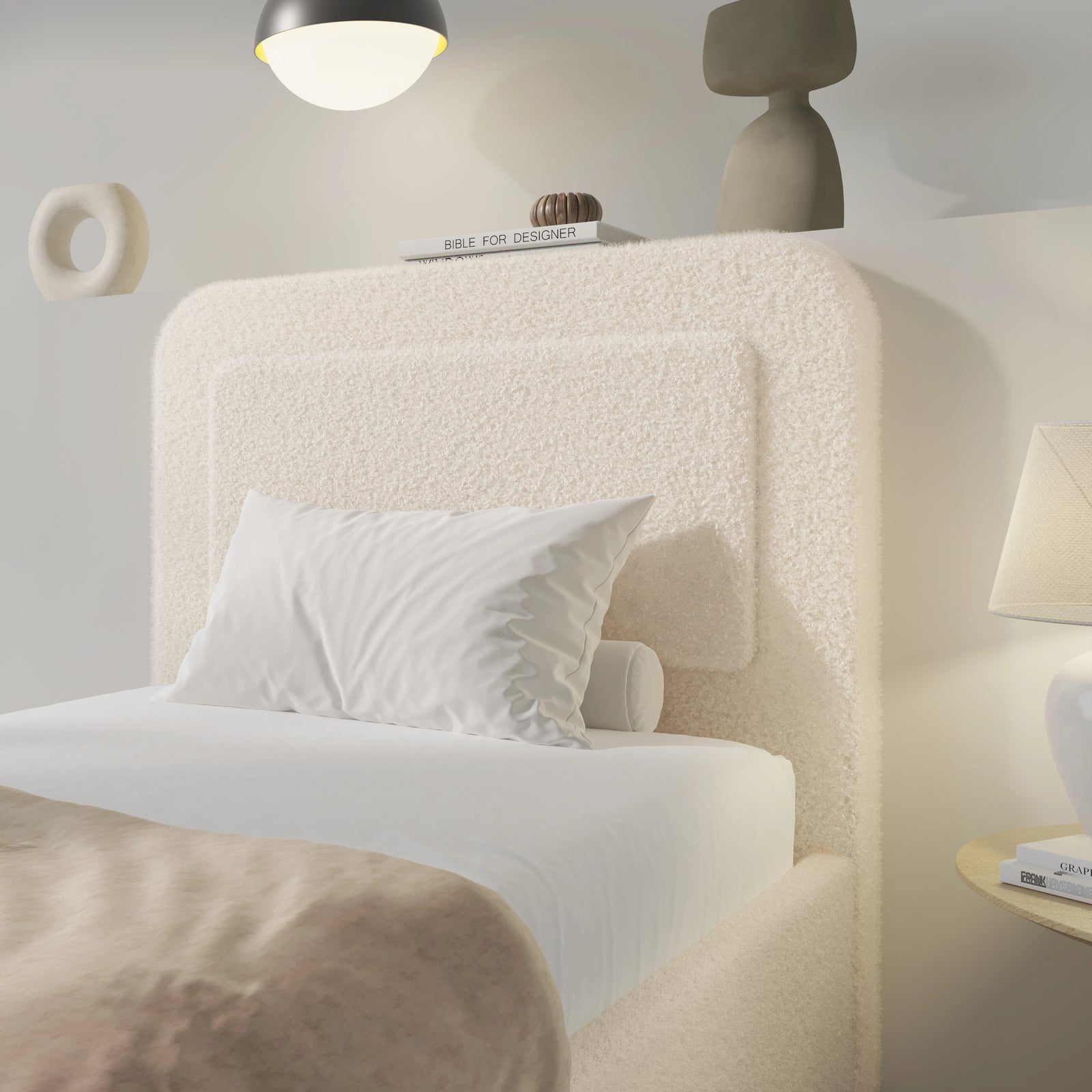 [Single | Beige] Single beige boucle ottoman bed headboard profile, padded pill shape in textured beige boucle