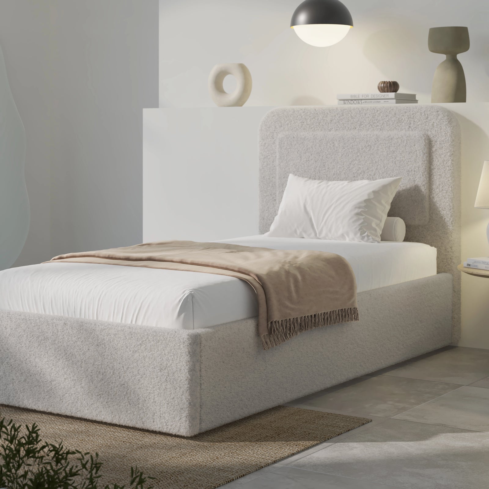 [Single | Grey] Single grey boucle ottoman bed front view, curved headboard and mid-grey duvet styled neatly