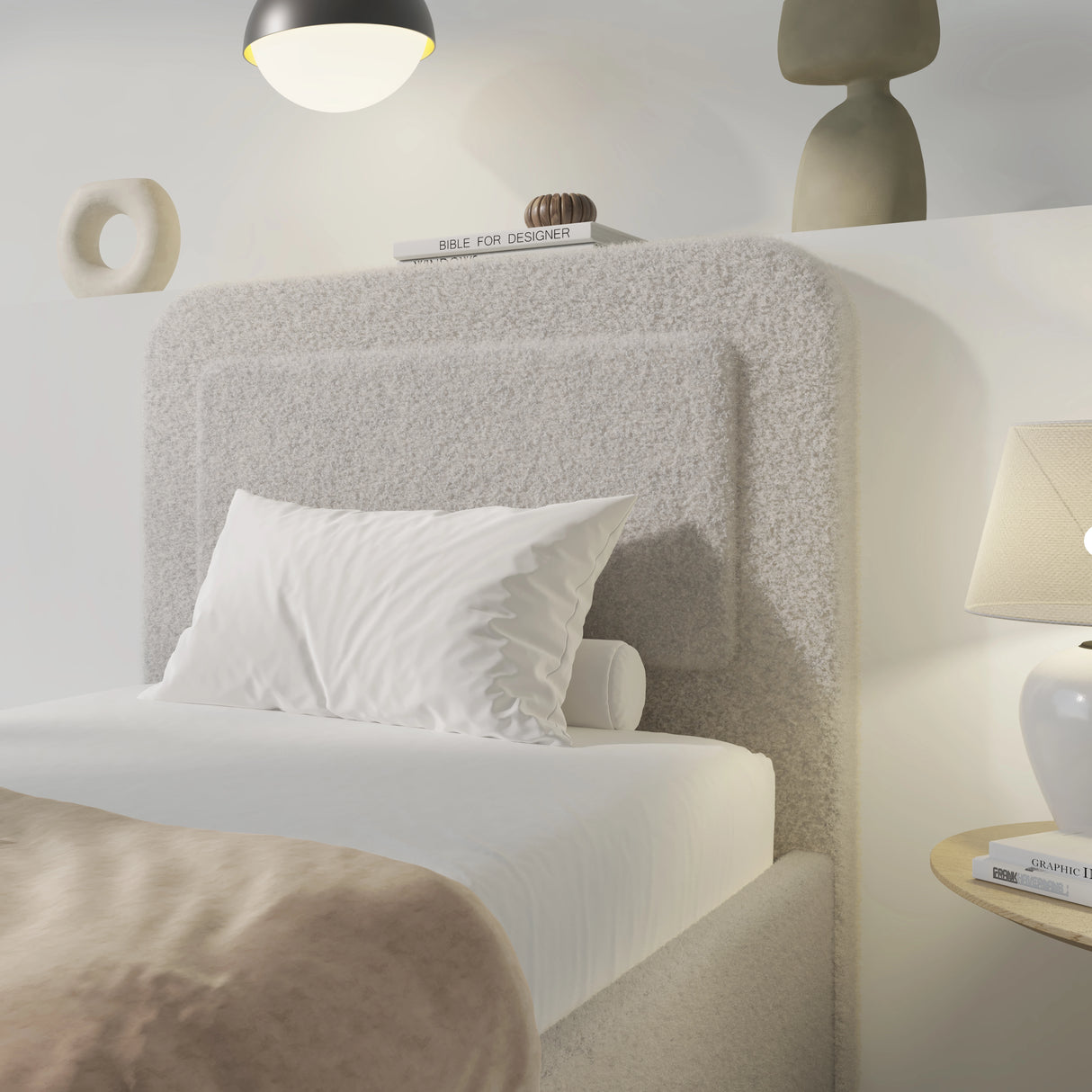 [Single | Grey] Close-up of rounded headboard showing soft boucle fabric texture with curved pill-shaped profile