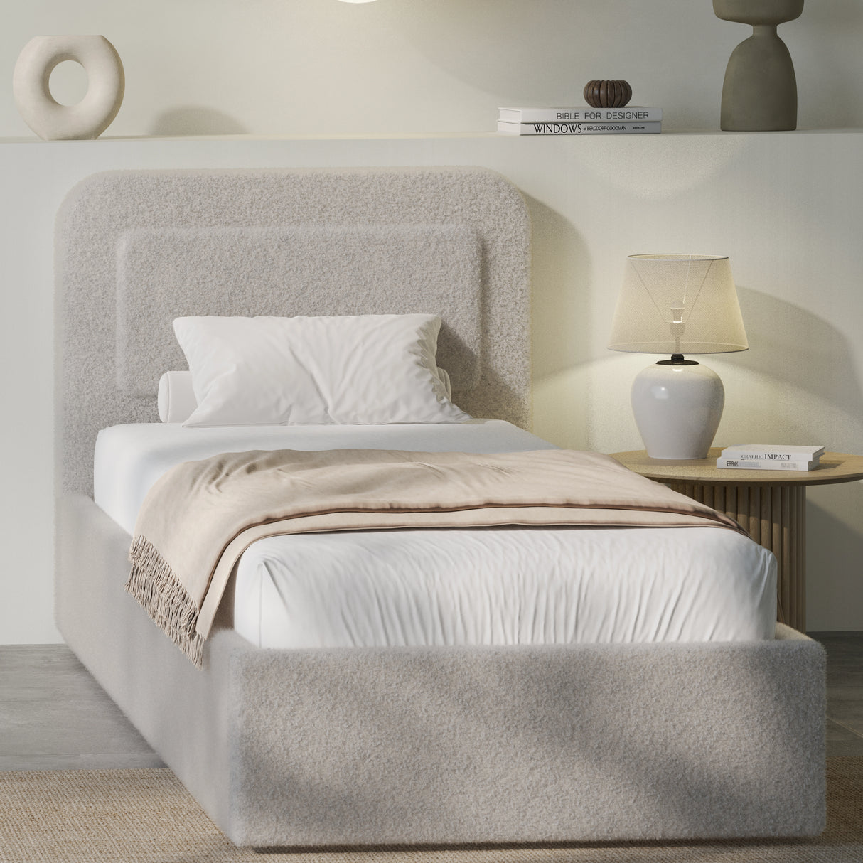 [Single | Grey] Side angle of boucle ottoman bed with rounded headboard and gas-lift storage in modern styled room