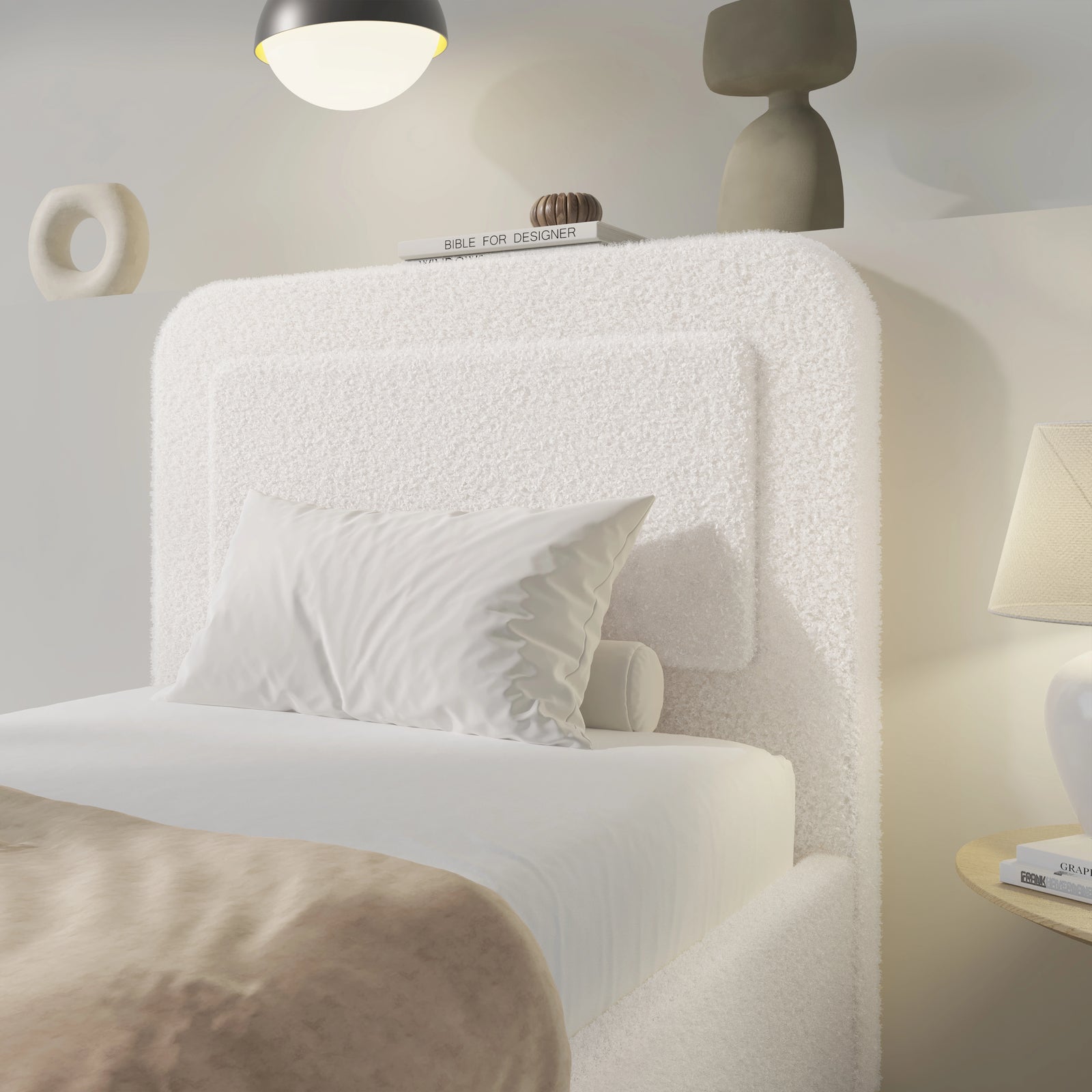 [Single | White] Boucle fabric texture close-up on curved headboard with white pillows and neutral bedding below