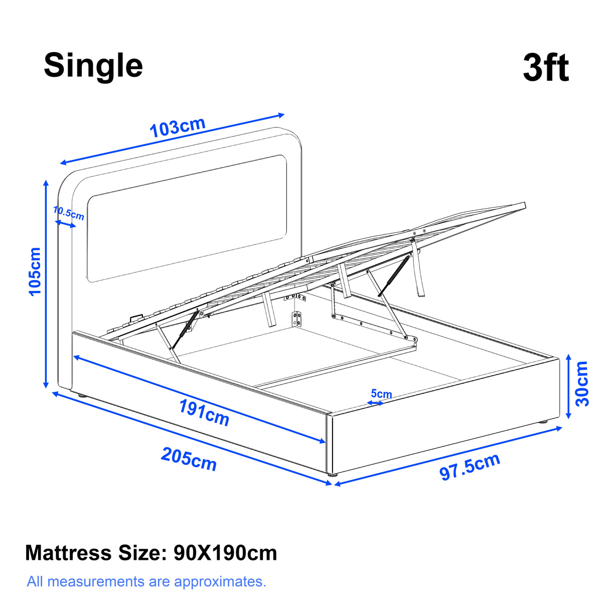 Single 3ft Boucle Upholstered Ottoman Storage Bed with Curved Headboard featuring gas-lift mechanism and internal dimensions labeled in cm.
