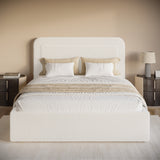Boucle upholstered ottoman storage bed with curved headboard in white, featuring gas-lift storage and soft fabric finish. Ideal for modern bedrooms.