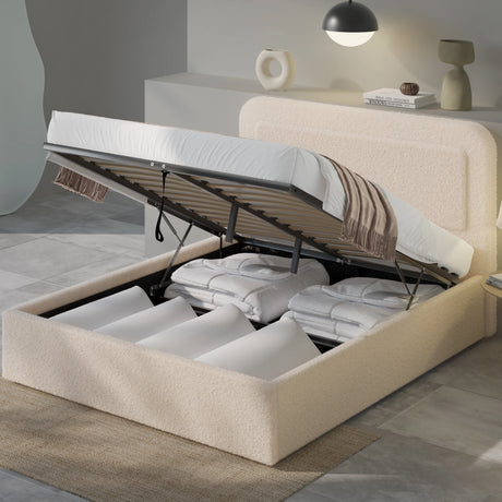 Beige upholstered bed with open storage compartment in a modern room setting.