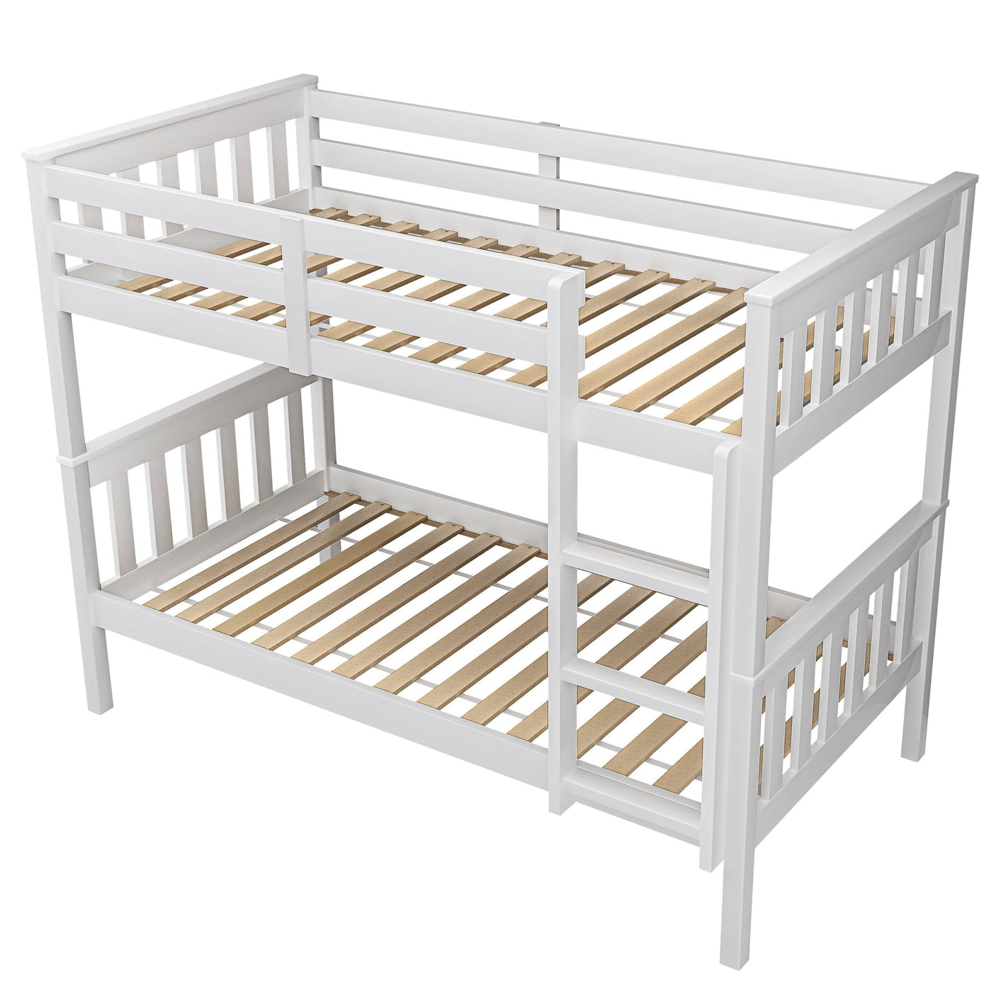 White wooden bunk bed frame without mattresses, showing slatted base and detachable structure for kids' bedrooms.