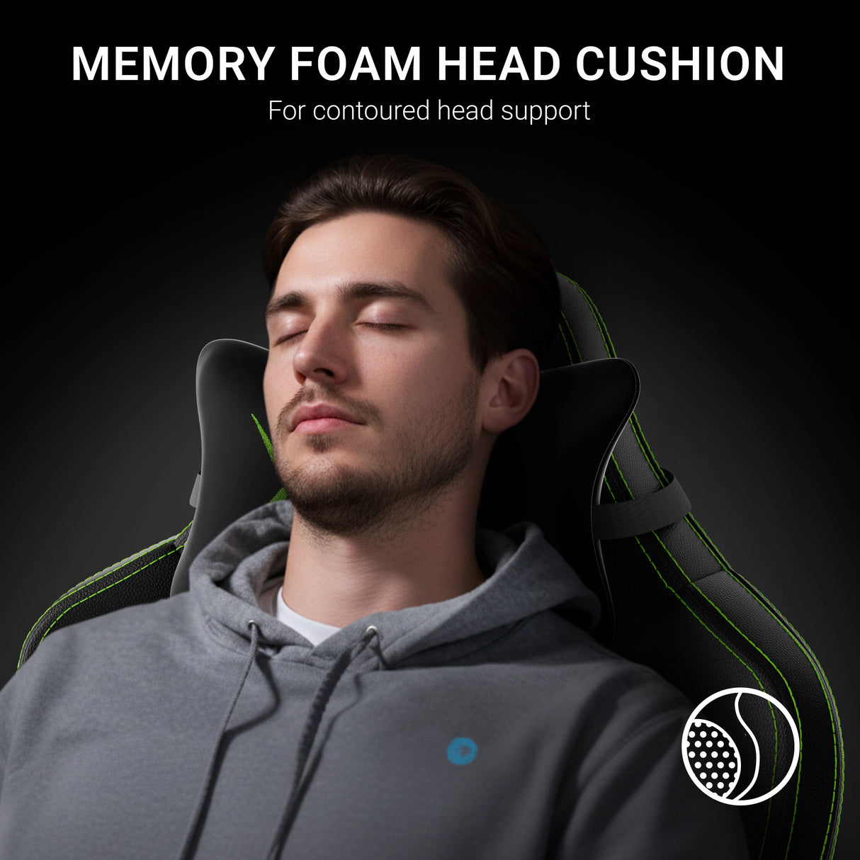 Man using a memory foam head cushion with text on a dark background
