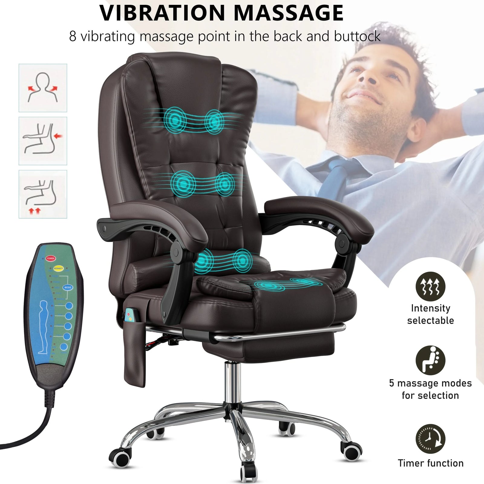 [Brown] brown leather office chair showing massage graphic and close-up of remote to control speed and mode settings