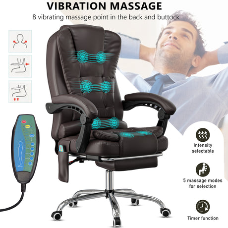 brown leather office chair showing massage graphic and close-up of remote to control speed and mode settings
