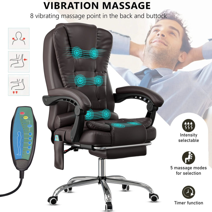 [Brown] brown leather office chair showing massage graphic and close-up of remote to control speed and mode settings