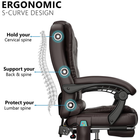 ergonomic desk chair in brown PU leather with S-curve design providing firm back and neck support for long hours