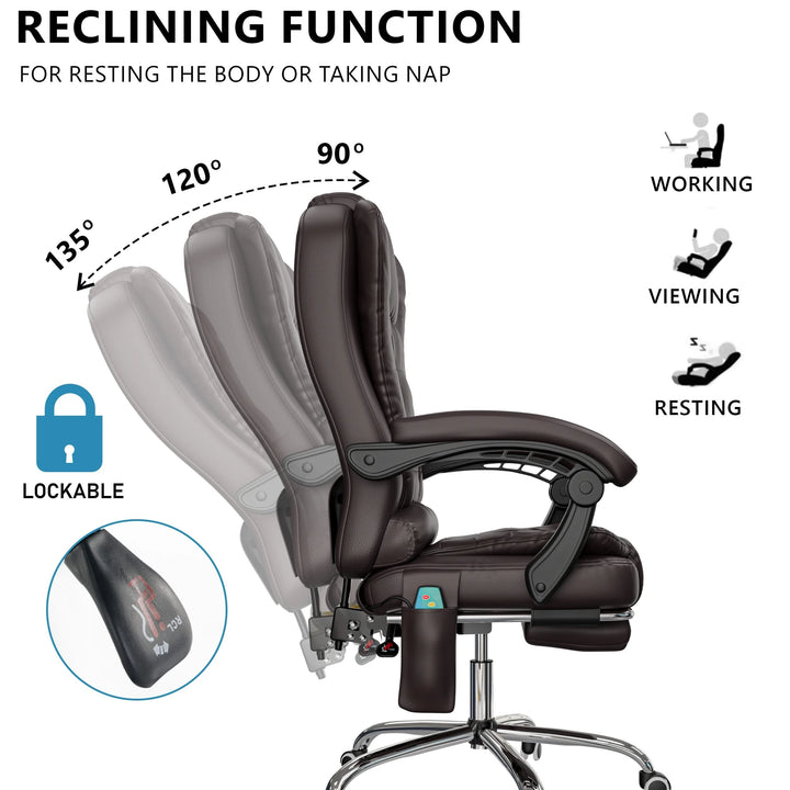 [Brown] brown office chair reclined from 90° through 135°, inset highlights the knob used for adjusting the tilt angle