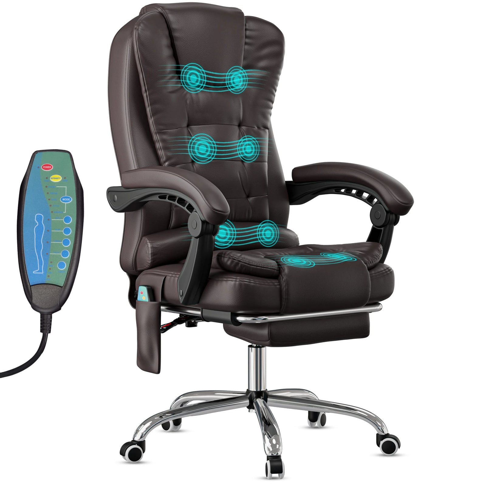 [Brown] 8 point massage office chair in brown PU leather with executive-style look and remote-controlled massage functions