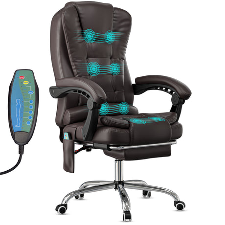 8 point massage office chair in brown PU leather with executive-style look and remote-controlled massage functions