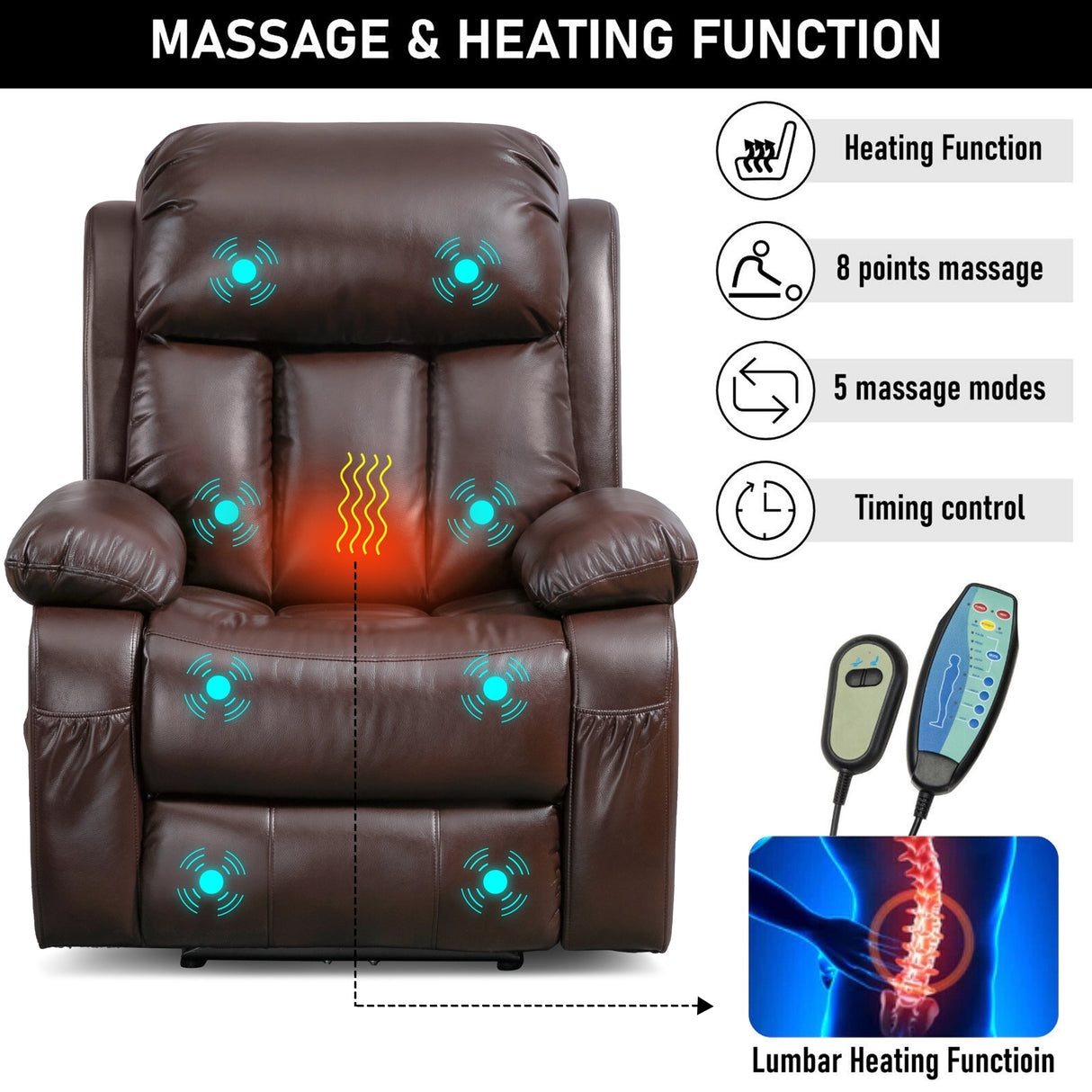Electric 8 Point Vibration Massage Recliner Chair with Heat & Footrest
