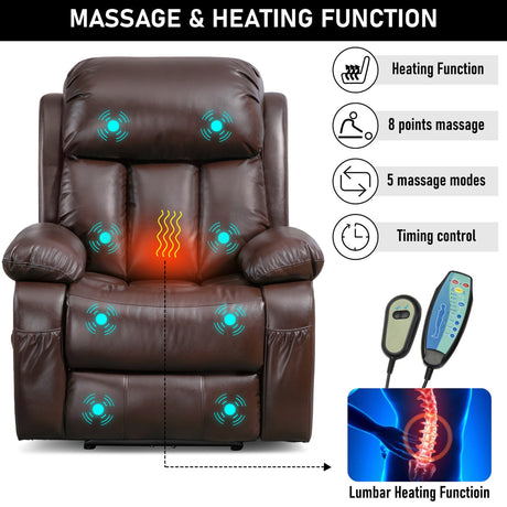 Massage and heating function recliner chair with control panel and massage points highlighted.
