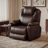 Electric Recliner Chair For Elderly in brown leather with heat and massage, ideal for living rooms. Riser massage armchair with side control panel and cup holder.