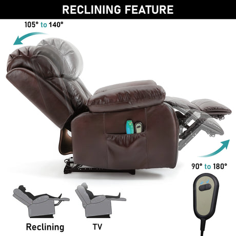 Brown recliner chair with reclining and TV features, and a remote control on a white background.