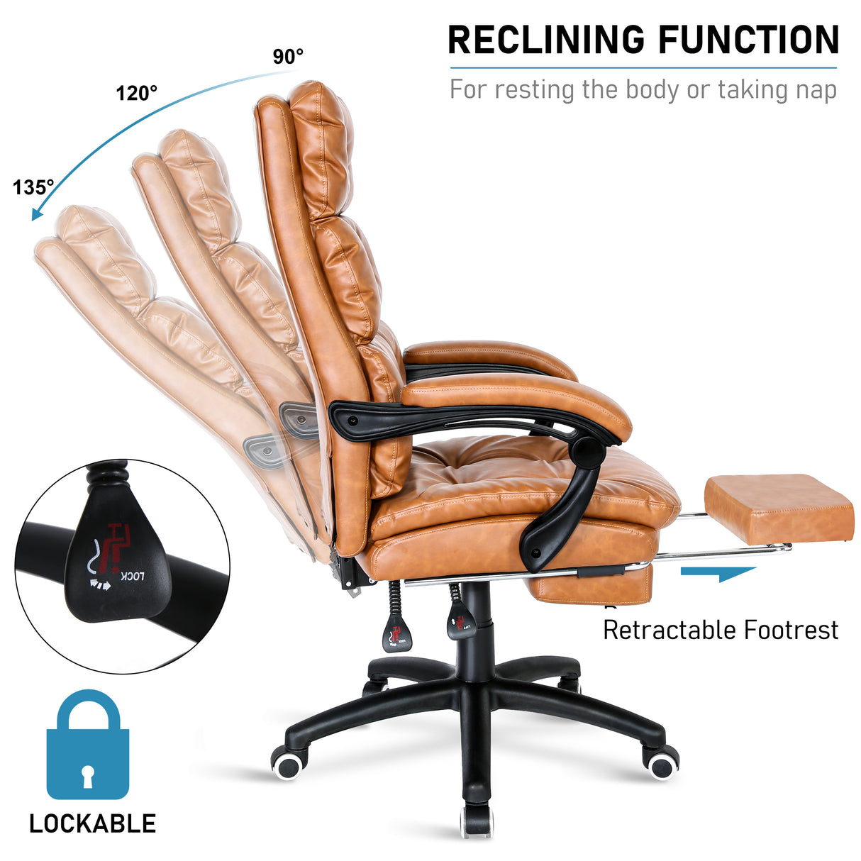 Brown leather executive office chair with reclining function for resting or taking a nap.