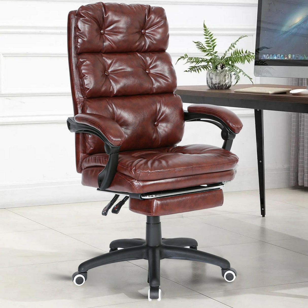 Brown leather office chair UK with fabric upholstery, combining style and cosy comfort.