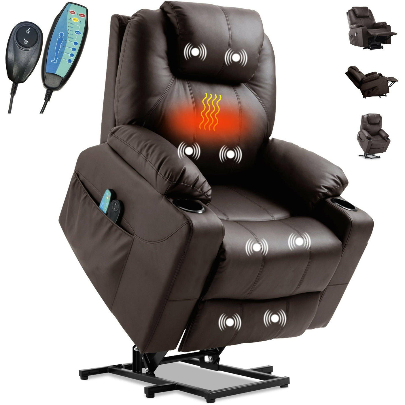 Electric Recliner Chair For Elderly in brown PU leather with massage zones, heating, and lift-up function for easy standing assistance.