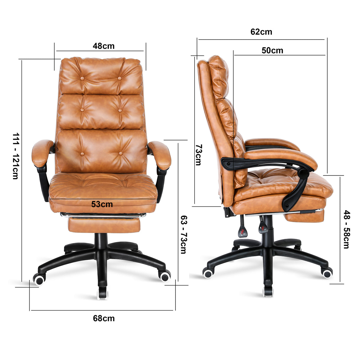 Executive leather office chair with ergonomic design and product dimensions for optimal comfort.