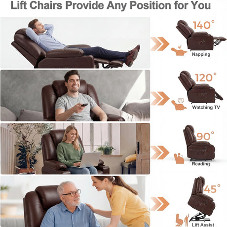 Electric Recliner Chair For Elderly | Riser Massage Armchair in brown leather shown in 140° recline for napping, 120° for TV, 90° for reading, and lift assist mode.