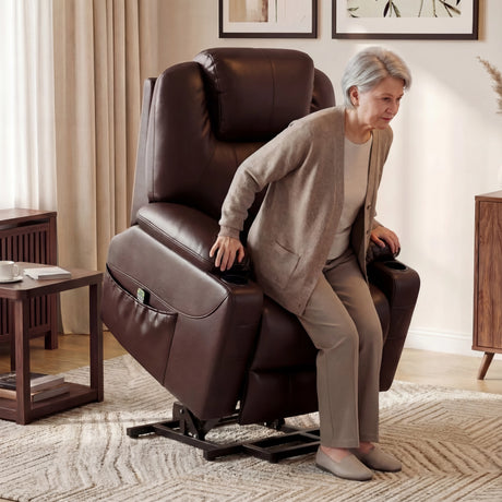 Electric Recliner Chair For Elderly in brown leather with riser function, helping an elderly woman stand up in a cozy living room setting.