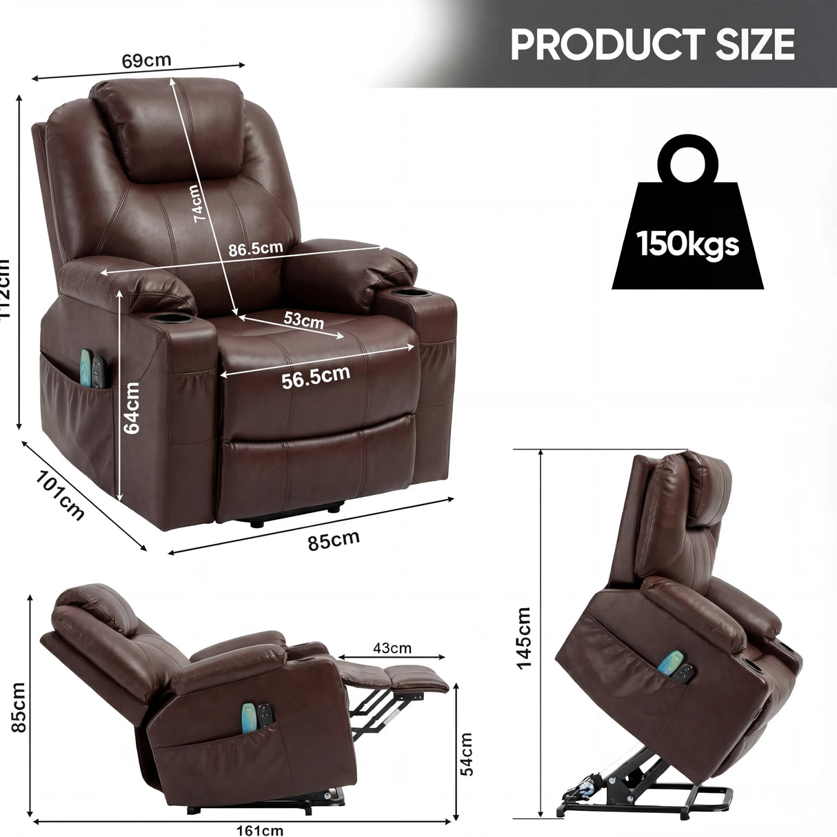 Electric Recliner Chair For Elderly | Riser Massage Armchair in brown leather with heat and massage functions, shown in reclined and upright positions with dimensions.