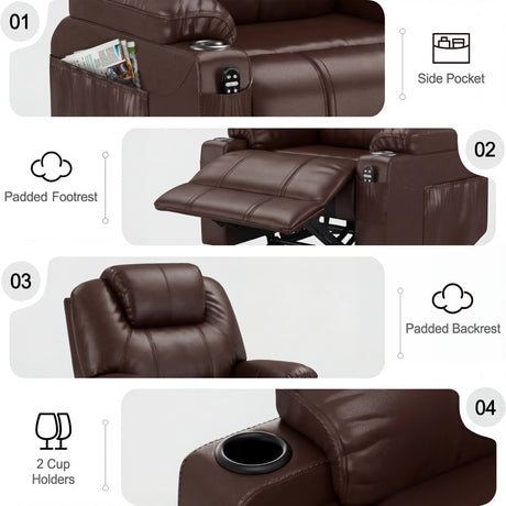 Electric Recliner Chair For Elderly | Riser Massage Armchair in brown leather featuring side pocket, padded footrest, backrest, and 2 cup holders.