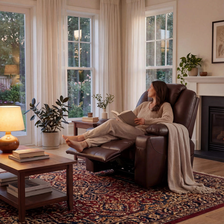 [Brown] Electric Recliner Chair For Elderly in brown leather with heat and massage, shown in a cozy living room with a woman reading and relaxing