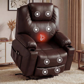 [Brown] Electric Recliner Chair For Elderly | Riser Massage Armchair in brown leather with heat and massage zones, ideal for living rooms or senior care