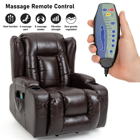 Brown riser recliner chair with remote control for adjusting massage intensity, time, and mode