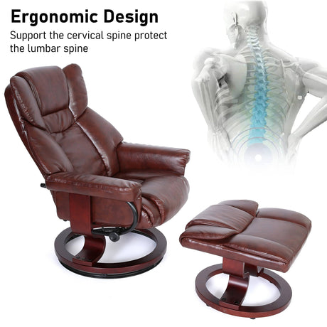 Ergonomic brown Recliner Swivel Armchair With Footstool | Lounge Chair supports lumbar spine and promotes healthy sitting posture.