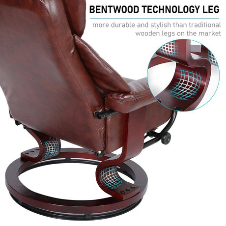 Brown Recliner Swivel Armchair With Footstool | Lounge Chair with bentwood technology leg for durability and elegant home styling.
