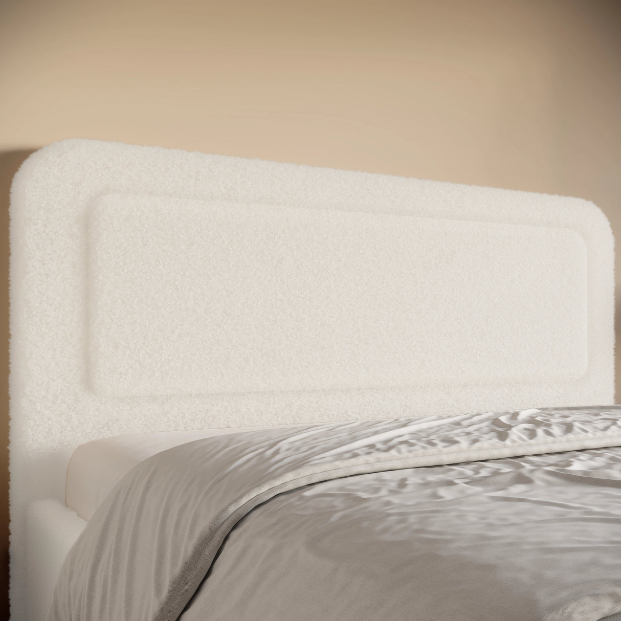 Boucle upholstered ottoman storage bed with curved headboard in white, featuring soft textured fabric and minimalist design. Ideal for modern bedrooms.