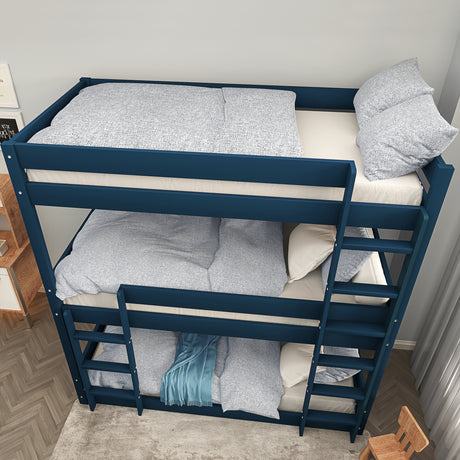 Bunk bed in blue color with cushions, mattress, and quilt, offering comfort and a stylish look.